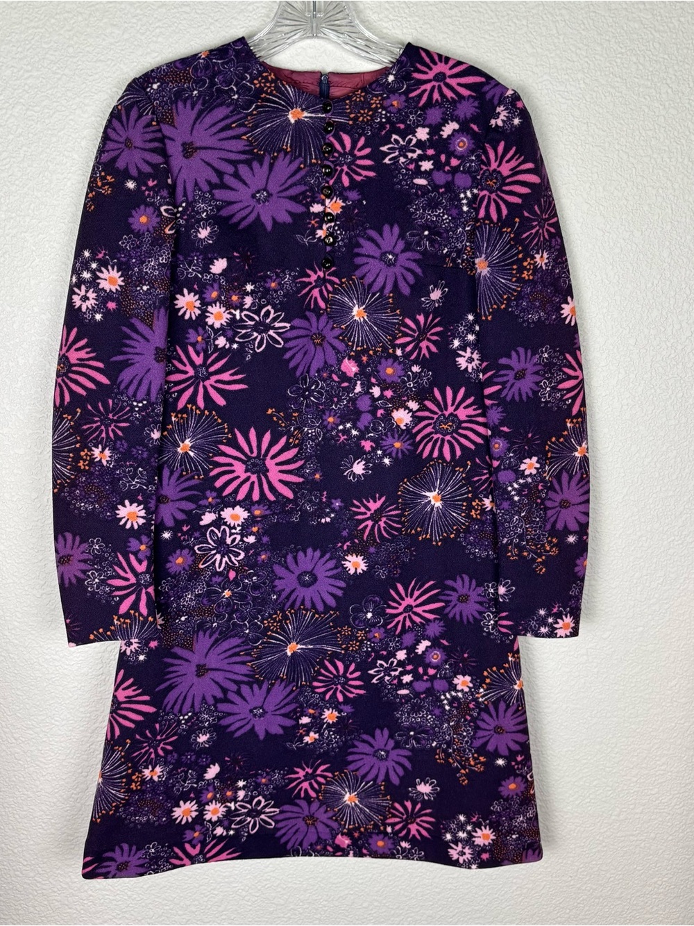 Vintage 1960’s Dress Small Purple Pink Floral Long Sleeve Groovy SEE DESCRIPTION